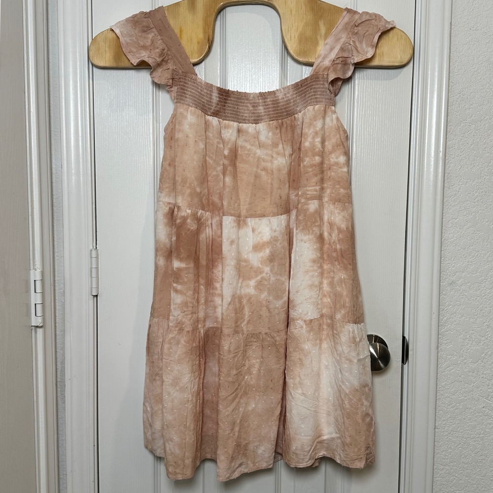 By the River Pink Tie Dye Clip Dot Tiered Mini Dress Medium Ruffle Smocked Boho
